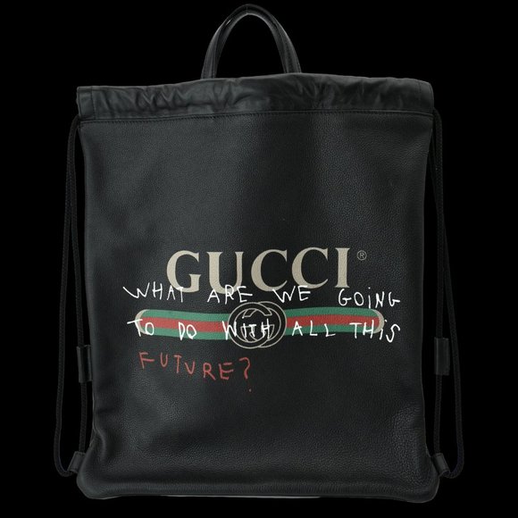 GUCCI  Drawstring Print Leather 494053 Backpack Bag Black 494053 - Picture 1 of 12
